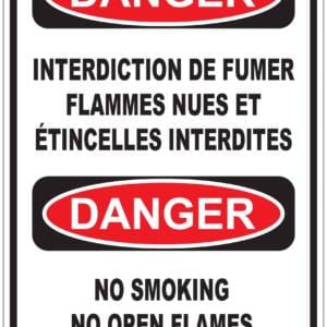 Panneaux NORME OSHA : Danger : interdiction de fumer Flammes nue et étincelles interdites- no smoking No open flames no sparks