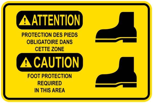 Panneaux NORME OSHA : Atttention : protection des pieds obligatoire dans cette zone-foot protecion require in this area