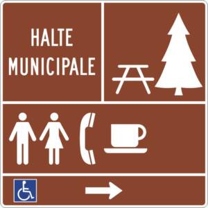 Halte routière municipale (et/ou logo) avec services et flèche