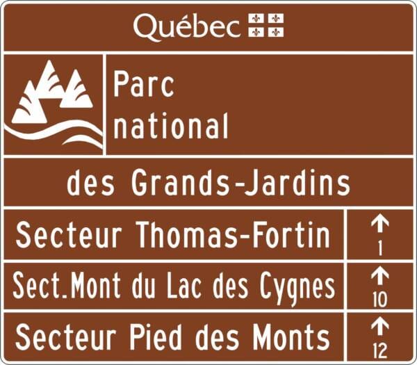 Acheminement d'un parc fédéral ou provincial, 3 secteurs avec flèches et distances