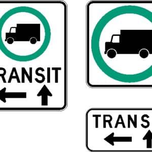 Trajet obligatoire pour véhicules lourds en transit flèches à gauche ou tout droit