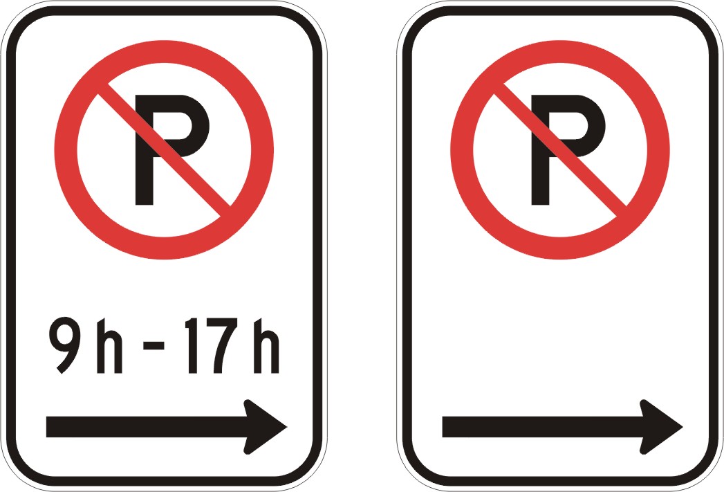 Panneau de prescription de stationnement (MTQ) P-150-1-G-D - Stationnement  interdit, avec flèche double sens