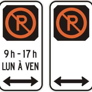 Interdiction de stationner avec heures, jours, type de véhicule & flèche pour feux de réglementation