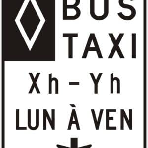 Voies réservée aux bus et taxi avec flèche au centre, heures et jours