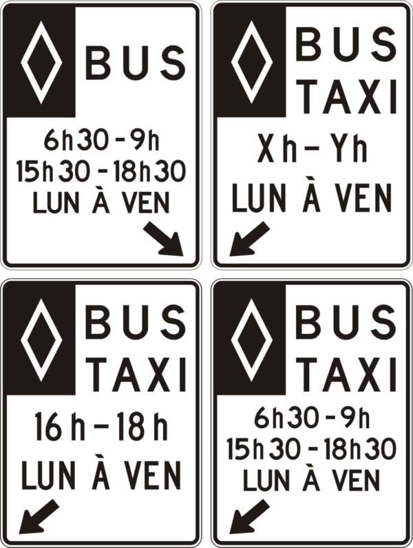 Voie réservée aux bus et taxi avec flèche à gauche, heures et jours