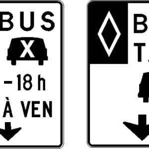 Voie réservée aux bus, taxi et covoiturage avec flèche au centre