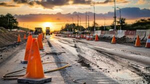 route en construction avec cones et barrieres orange 2000px