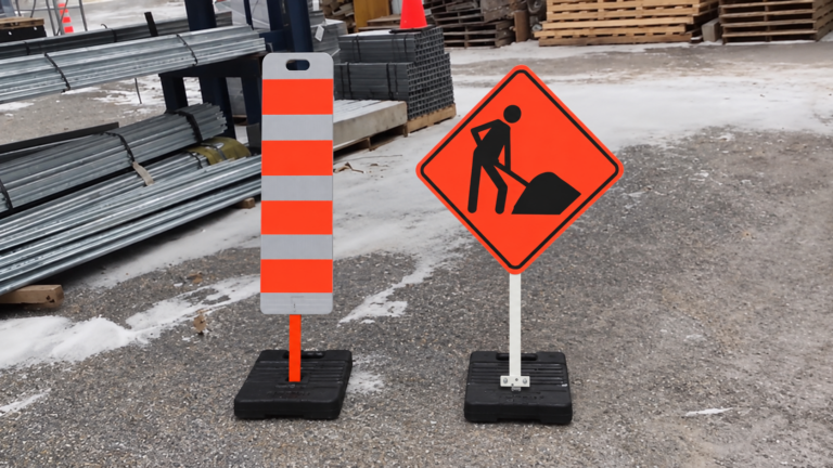 Panneaux de chantier dans un dépôt hivernal